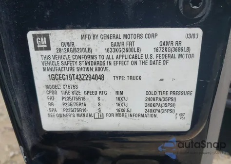 2003 Chevrolet Silverado 1500 Ls from USA, damaged, VIN 1GCEC19T43Z294048